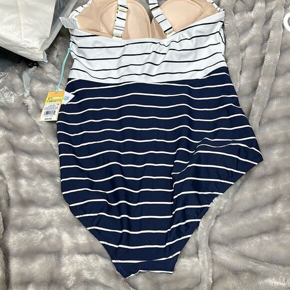 Women's Striped V-Neck Full Coverage One Piece Swimsuit - Kona Sol™ Navy Blue Si - Picture 3 of 3